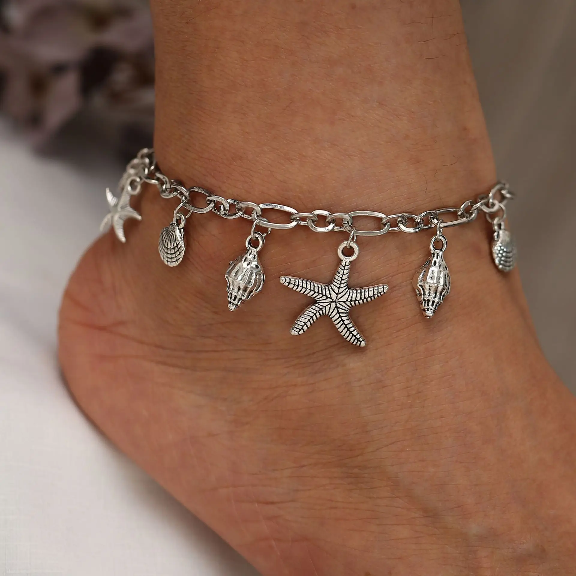 

Summer Beach Sea Accessories Silver Anklet Starfish Shell Conch Pendant Bead Anklet For Women, Antique silver