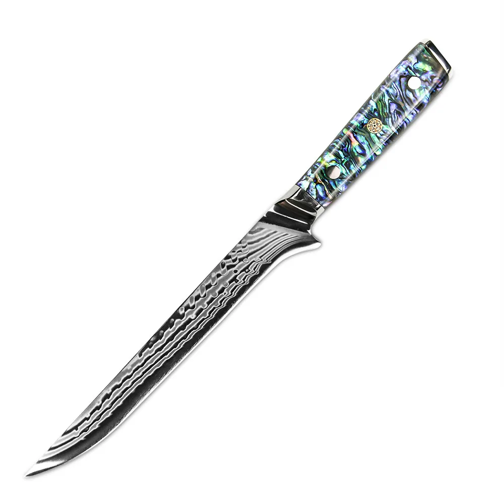 Amber 7 inch Alligator Pattern Damascus Steel Boning fish Knife with abalone handle
Amber 7 inch Alligator Pattern Damascus Steel Boning fish Knife with abalone handle