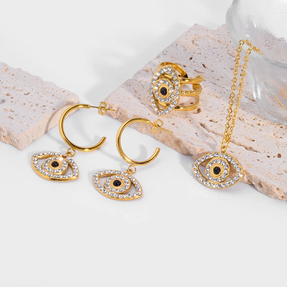 Fashion Evil Eyes Jewelry Sets Waterproof 18K Gold Plated Stainless Steel Zircon Evil Eyes Pendant Necklace Earring Ring Set
Fashion Evil Eyes Jewelry Sets Waterproof 18K Gold Plated Stainless Steel Zircon Evil Eyes Pendant Necklace Earring Ring Set
