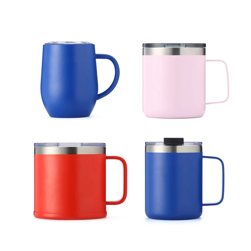 

Cheap logo and color customized wholesale 12oz double wall stainless steel tea mugs cold water tumblers with lid and handle