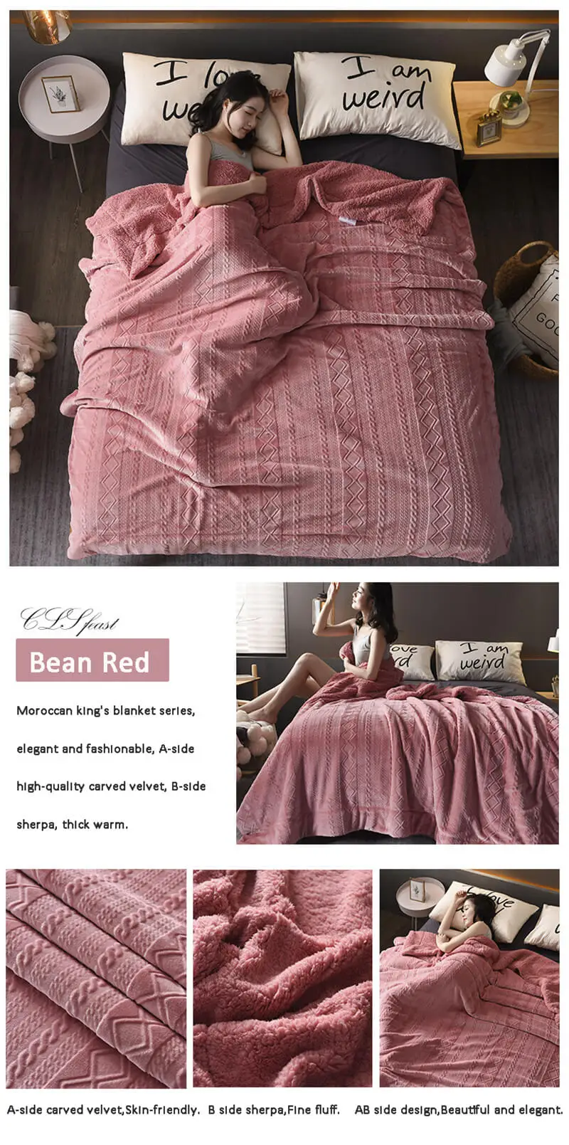 i@home Solid color thick double layer velvet coral fleece sherpa blanket for winter