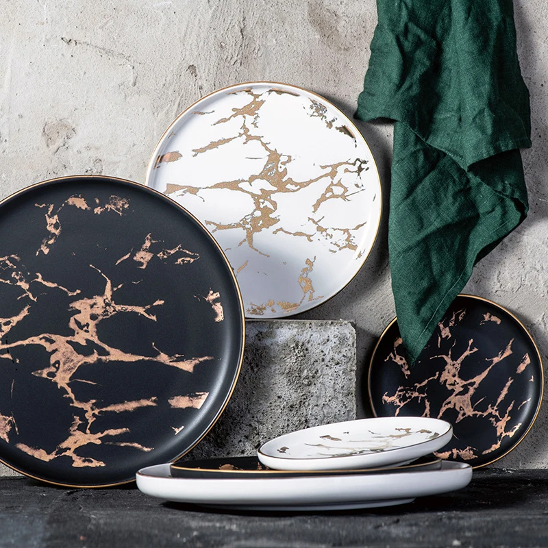 Factory Wholesale Marble Plate Dish Round Ceramic Plate Nordic Style Marble Plate, Matte white with gold decal
Factory Wholesale Marble Plate Dish Round Ceramic Plate Nordic Style Marble Plate, Matte white with gold decal