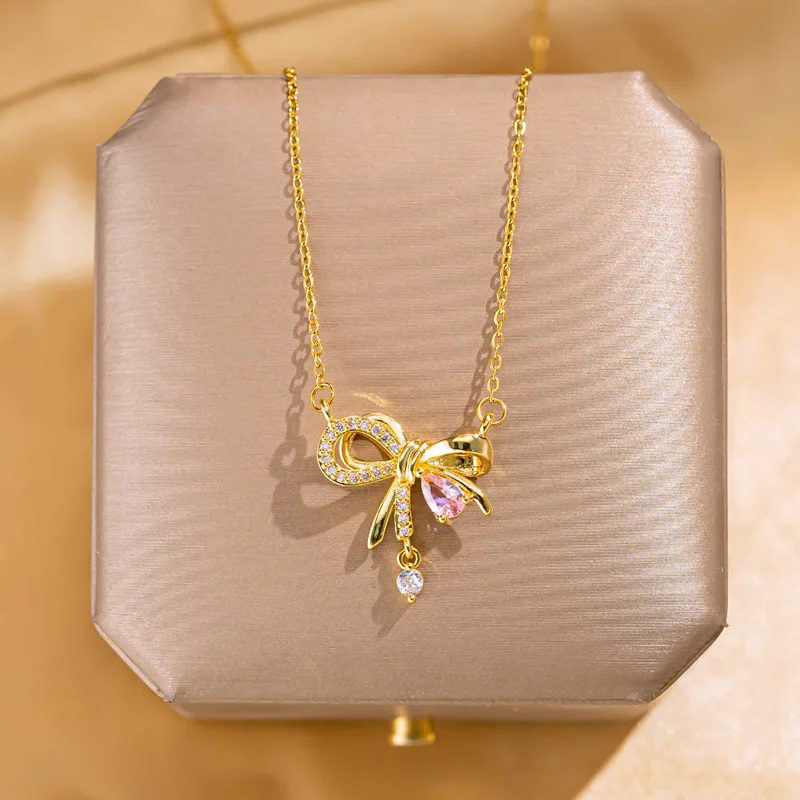 Fine Jewelry Bow Tie Necklace Waterproof Gold Plated Stainless Steel Chain Pink Diamond Bow Necklace For Girl Gift
Fine Jewelry Bow Tie Necklace Waterproof Gold Plated Stainless Steel Chain Pink Diamond Bow Necklace For Girl Gift