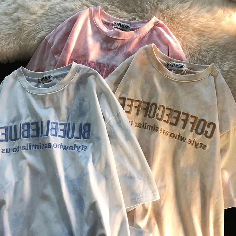 Short-sleeved T-shirts with cotton for women summer half-sleeved loose students tie-dyed letterwork tops, Picture shows
Short-sleeved T-shirts with cotton for women summer half-sleeved loose students tie-dyed letterwork tops, Picture shows