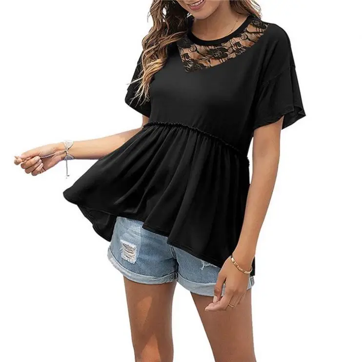 Ckfashion Best Design Lace Collar Tops Summer Casual High Waist Pleated Women Black T-Shirt Tshirt
Ckfashion Best Design Lace Collar Tops Summer Casual High Waist Pleated Women Black T-Shirt Tshirt