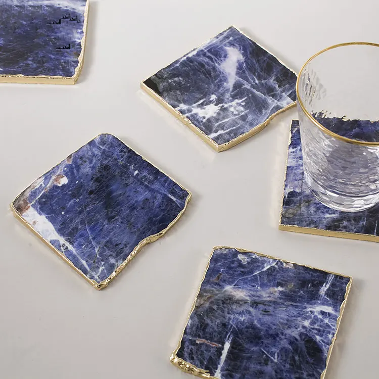 

Blue Round Square Shaped Hexagon Large Slice Crystal Geode Stone Gemstone Agate Gold Plated Trim Rose Quartz Coasters for Drinks, Natural color