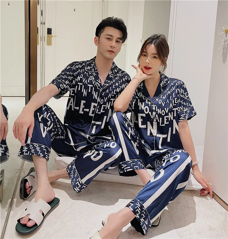 Summer silk pajamas set designer women pajamas couples matching pajamas plus size, Blue
Summer silk pajamas set designer women pajamas couples matching pajamas plus size, Blue