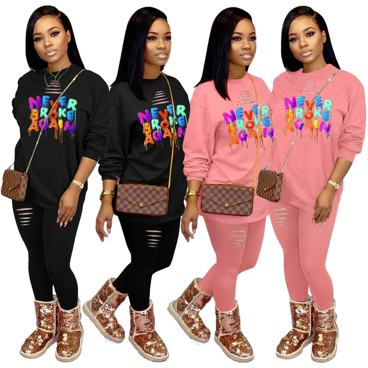 Wholesale Long Sleeve Ripped Color Lettered Print Sports Leisure Women Joggers Pants Two Piece Pants Set=
Wholesale Long Sleeve Ripped Color Lettered Print Sports Leisure Women Joggers Pants Two Piece Pants Set=