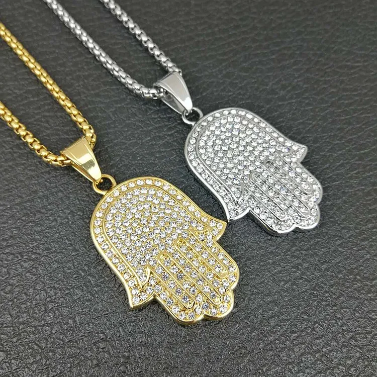Religious Retro Exotic Hand Necklace Gold Plated 316L Stainless Steel Full Diamond Fatima Hand Pendant Necklace
Religious Retro Exotic Hand Necklace Gold Plated 316L Stainless Steel Full Diamond Fatima Hand Pendant Necklace