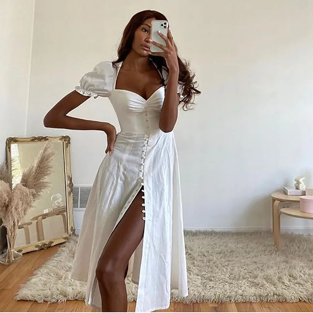 2021 Casual Dress High Quality Summer Square Short Puff Sleeve Split Women Chiffon Dress, White
2021 Casual Dress High Quality Summer Square Short Puff Sleeve Split Women Chiffon Dress, White