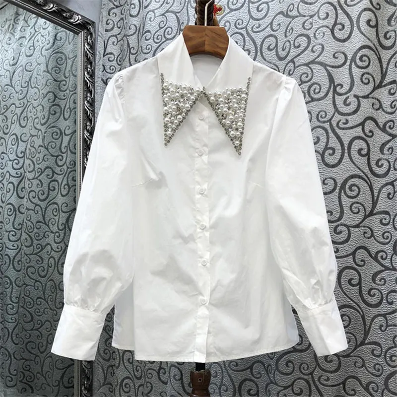 2021 Spring New Elegant Pearl Beaded Pointed Collar Single-breasted Loose Blouse Women's White Shirt Long Sleeve, 2 colors
2021 Spring New Elegant Pearl Beaded Pointed Collar Single-breasted Loose Blouse Women's White Shirt Long Sleeve, 2 colors