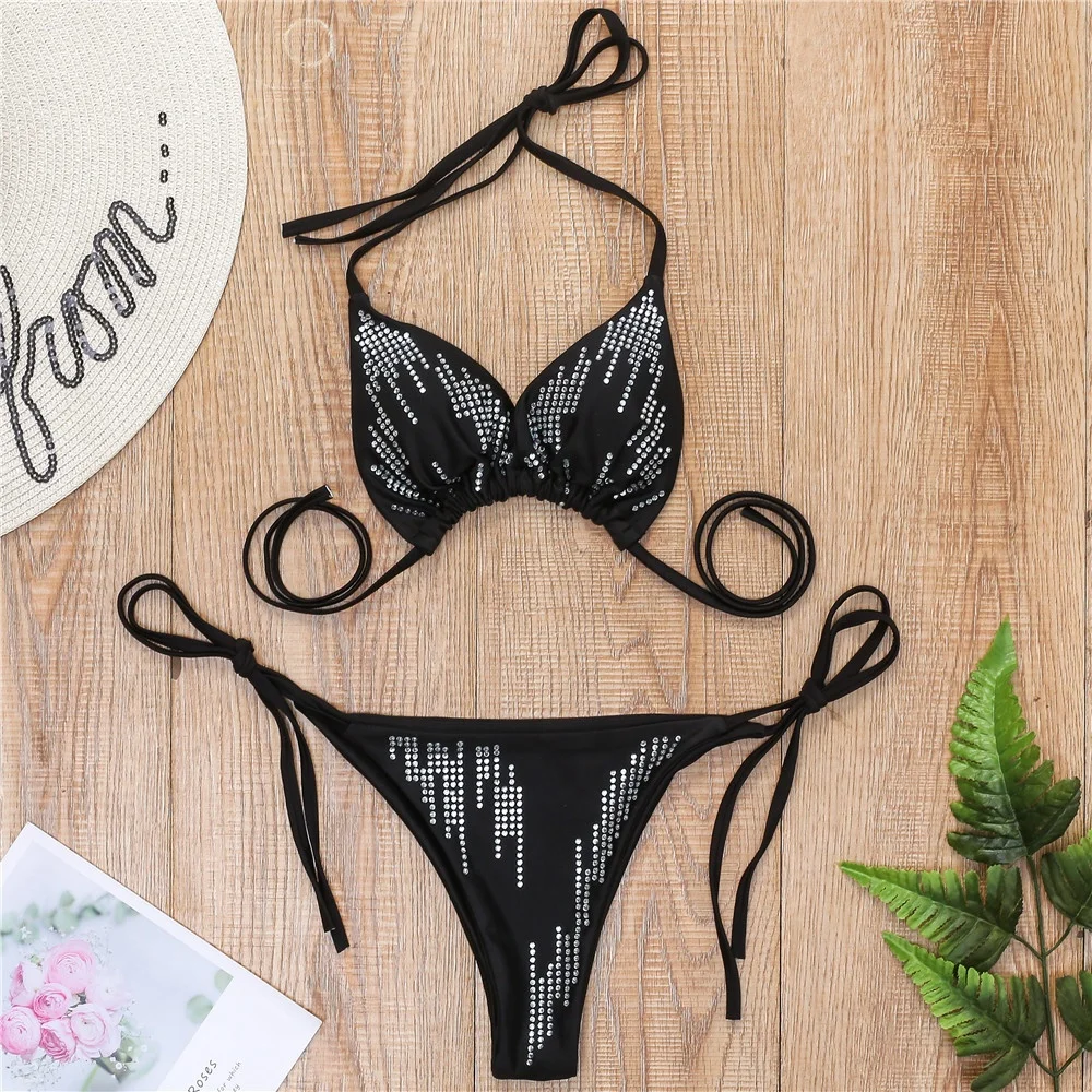 New Rhinestones Swimwear Women Piece Tie Micro Bikini In Black