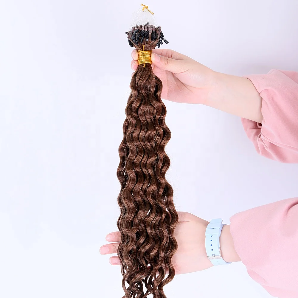 Hot sale factory wholesale brown color micro ring link beads loop hair extension 100% remy human hair curly extensions, Custom colors
Hot sale factory wholesale brown color micro ring link beads loop hair extension 100% remy human hair curly extensions, Custom colors