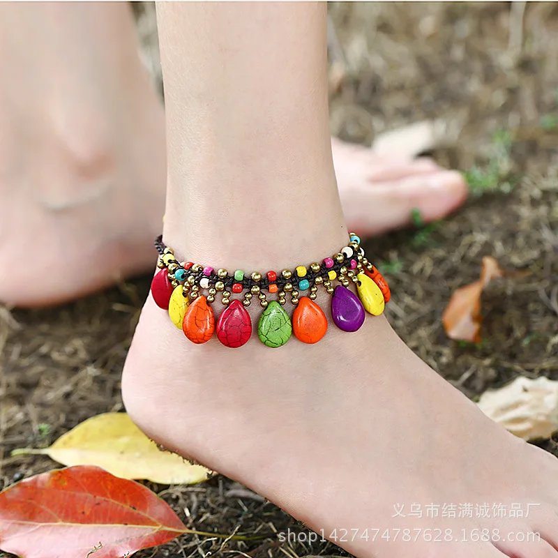 

2021 Sailing Jewelry Simple Fashion Never Fade Bells Bohemian Turquoise Stones Anklet Hand Woven Retro Women Copper Beads Turquoise Anklets
