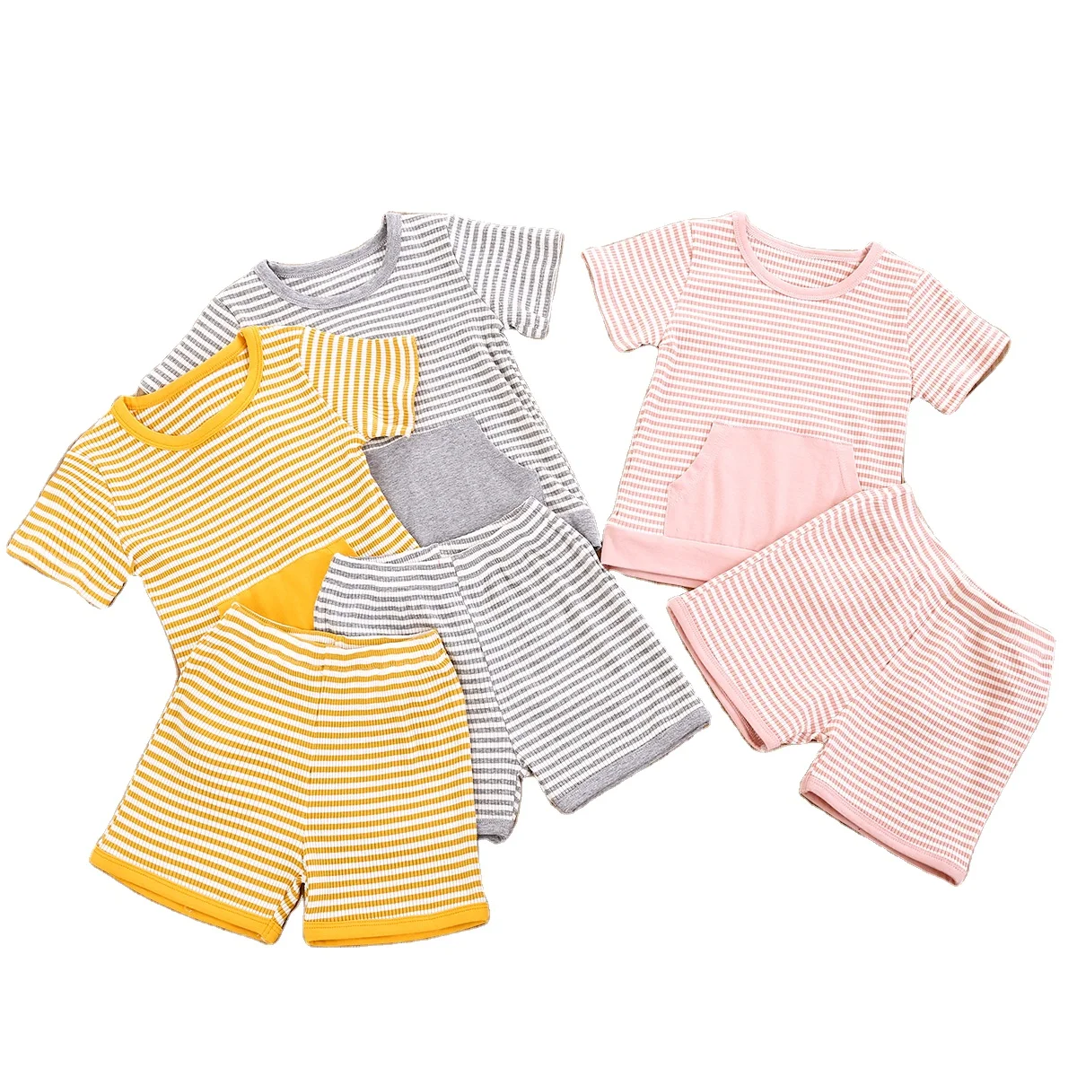 Ribbed cotton kids home clothes children striped sleepwear sets baby girls' and boy's summer clothing sets, As picture
Ribbed cotton kids home clothes children striped sleepwear sets baby girls' and boy's summer clothing sets, As picture