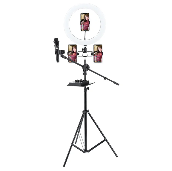 live broadcast three phone led 13inch fill ring light with microphone pole, sounds card tray , three phone holder
live broadcast three phone led 13inch fill ring light with microphone pole, sounds card tray , three phone holder