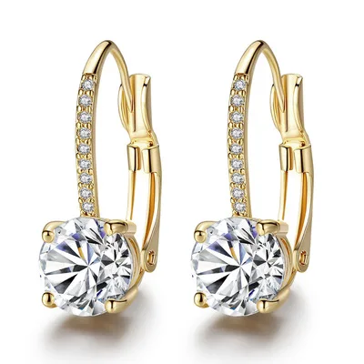 

14k Gold Plated Claw Setting Round Zircon Leverback Earrings Wholesale Micro Cubic Zirconia Huggie Hoop Earrings For Lady