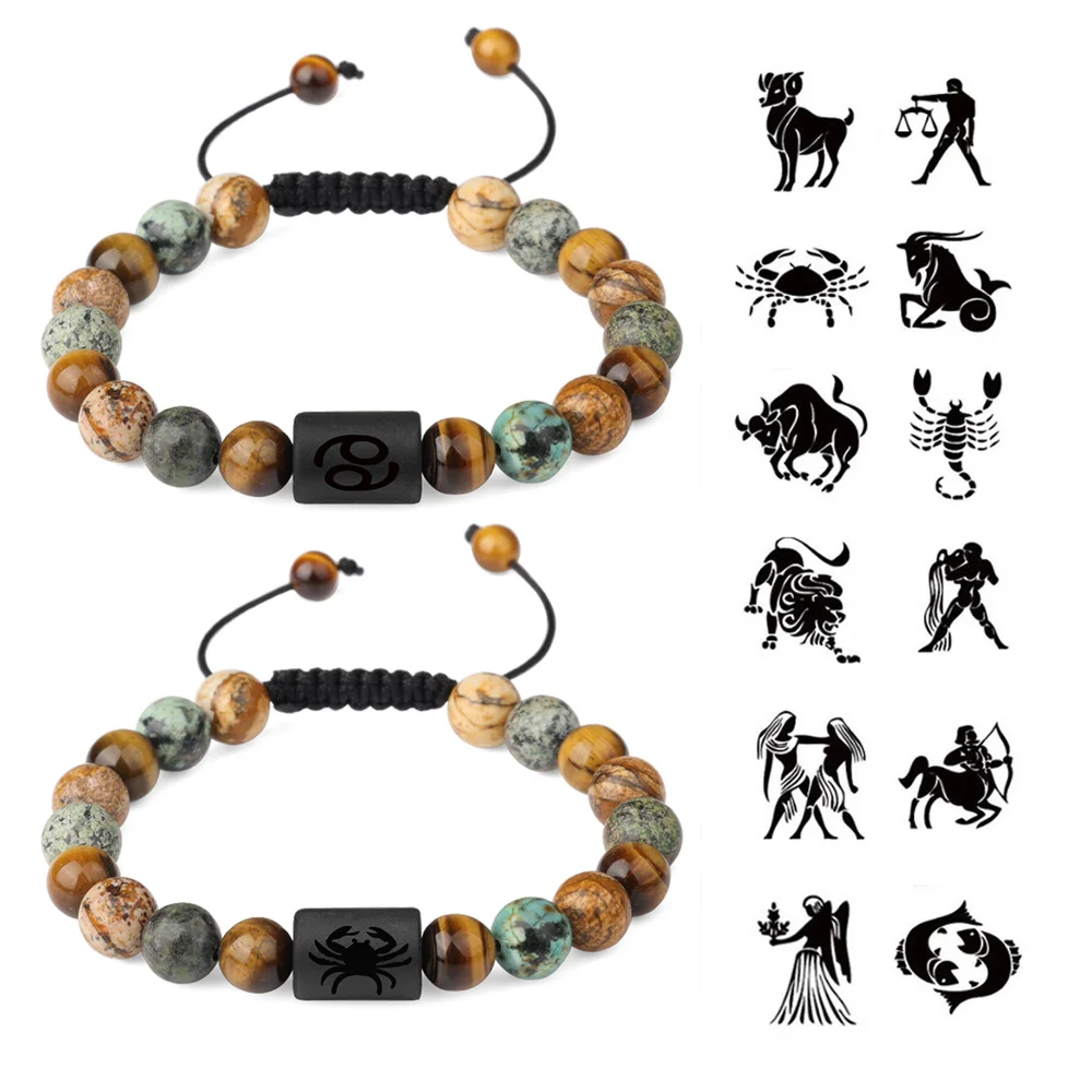 

Natural Stone Braided 12 Zodiac Signs Agate Beads Macrame Friendship Bracelet for Women Men