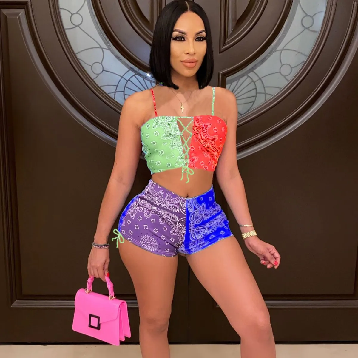 2021 Color Block 2 Pieces Paisley Shorts Sets Women Summer Clothes Comfy Casual Apparel Two Piece Bandana Short Set -ZR, Purple,orange,green
2021 Color Block 2 Pieces Paisley Shorts Sets Women Summer Clothes Comfy Casual Apparel Two Piece Bandana Short Set -ZR, Purple,orange,green