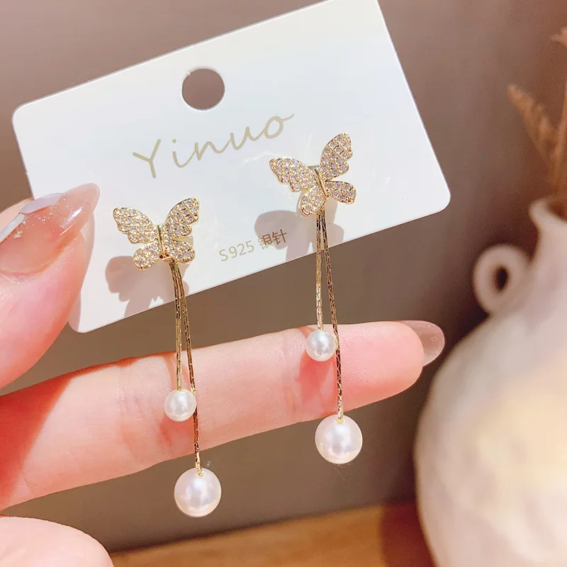 S925 Sterling Silver Needle Shiny Crystal Butterfly Stud Earrings CZ Butterfly Pearl Tassel Earrings
S925 Sterling Silver Needle Shiny Crystal Butterfly Stud Earrings CZ Butterfly Pearl Tassel Earrings