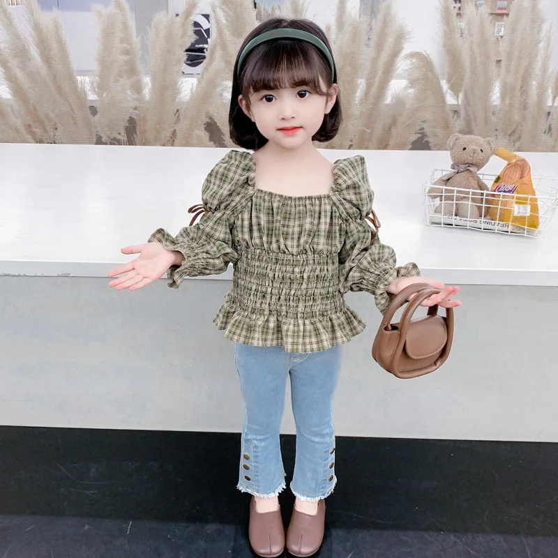 

2022 New 2Pcs girls clothing set puff long sleeve plaid blouse +button jeans pants outfits for girls, Picture shows