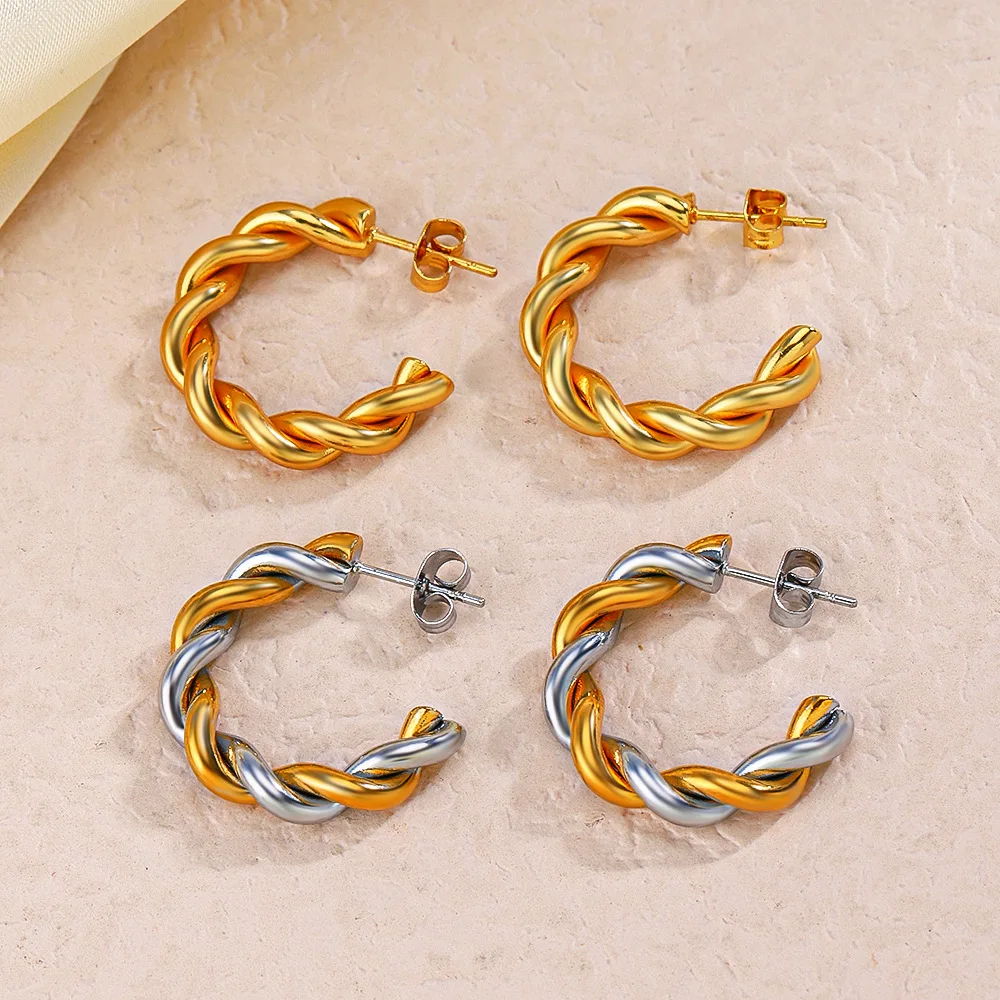 

Hypoallergenic Jewelry 18K Gold Plated Stainless Steel Rope Round Earrings Titanium Steel CC Twist Stud Earring For Women YF3545