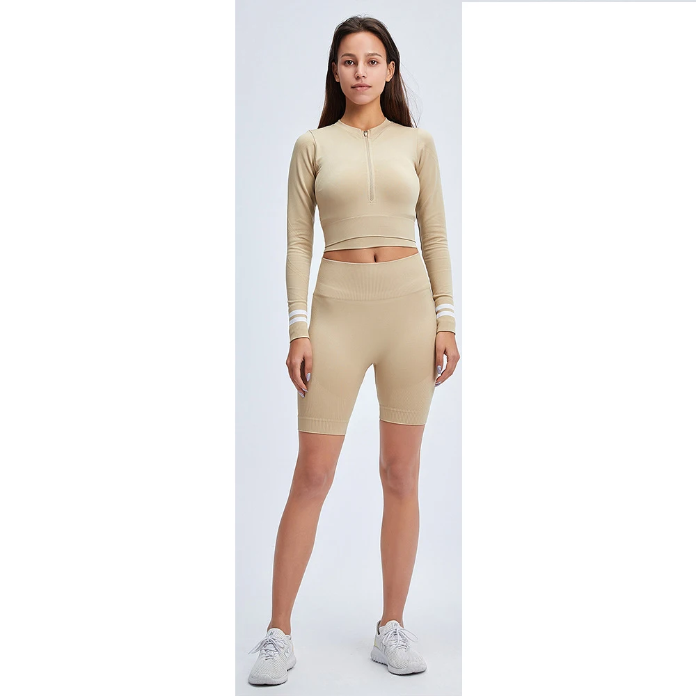 Hot Selling Seamless Long Sleeves Crop Half Zip Up Spandex Running Gym Yoga Set, 3 colors
Hot Selling Seamless Long Sleeves Crop Half Zip Up Spandex Running Gym Yoga Set, 3 colors