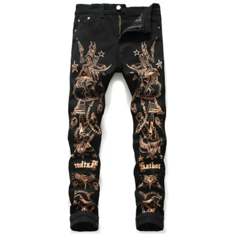 Classic European American printed pattern jeans men's black personality trend men's self-cultivation jeans pants, Customized color
Classic European American printed pattern jeans men's black personality trend men's self-cultivation jeans pants, Customized color