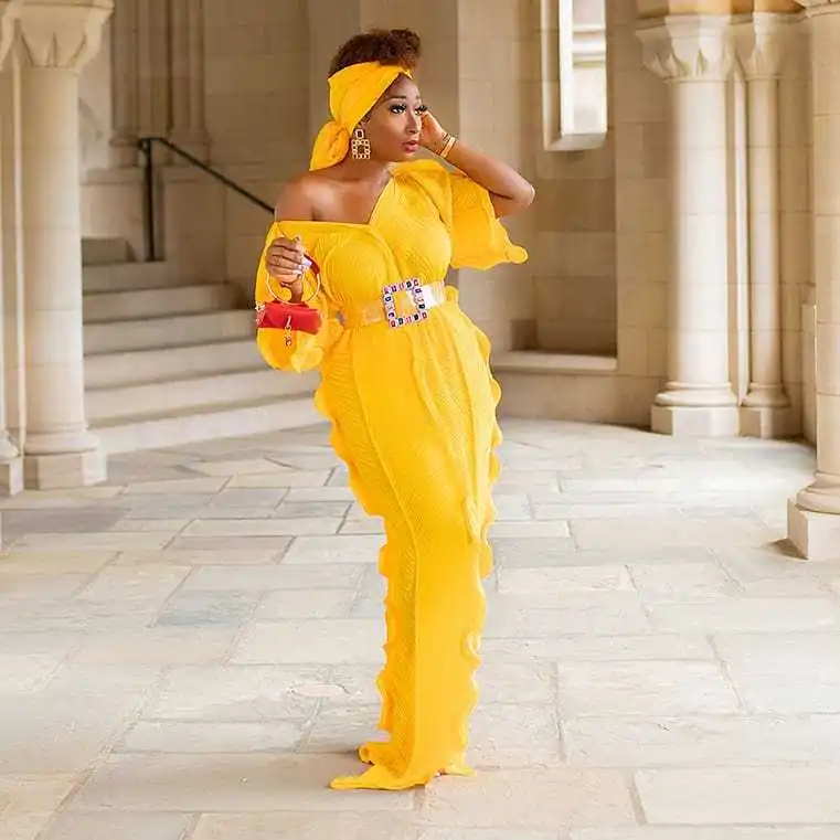 African women's dress sexy V-neck pleated ruffled pearl chiffon with belt scarf, Shown
African women's dress sexy V-neck pleated ruffled pearl chiffon with belt scarf, Shown