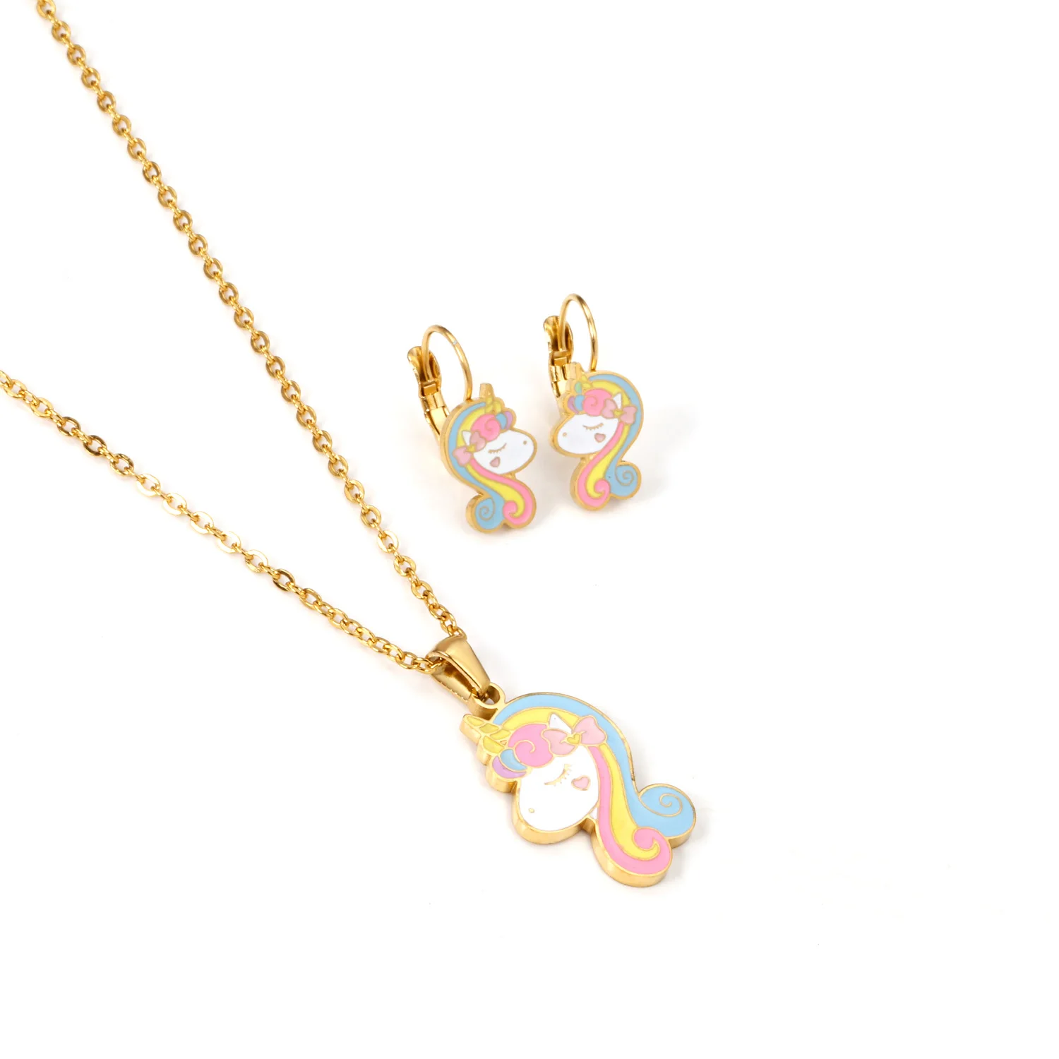 Children Gold Cartoons Girls Unicorn Pendant Kids Necklace And Earring Jewelry Set, Gold, silver 
Children Gold Cartoons Girls Unicorn Pendant Kids Necklace And Earring Jewelry Set, Gold, silver