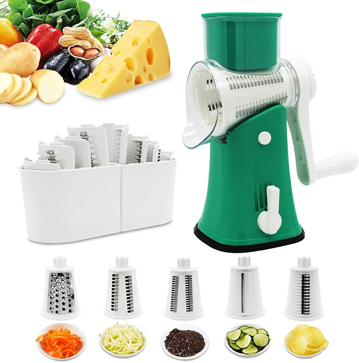 

NEW multi function handheld shredder food kitchen accessory mandoline slicer vegetable cutter online 5 in 1 cheese rotary grater, Black and white