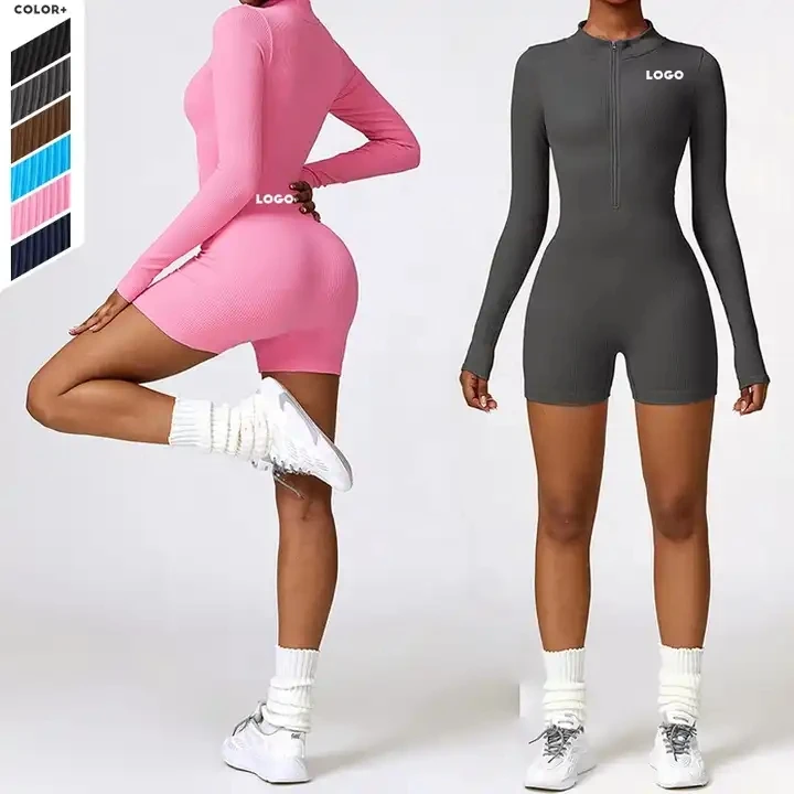 

Women's Ribbed Seamless Long Sleeve Yoga Shorts Jumpsuit Deportivo Fitness Wear Workout Romper Athletic One Piece Yoga Jumpsuit