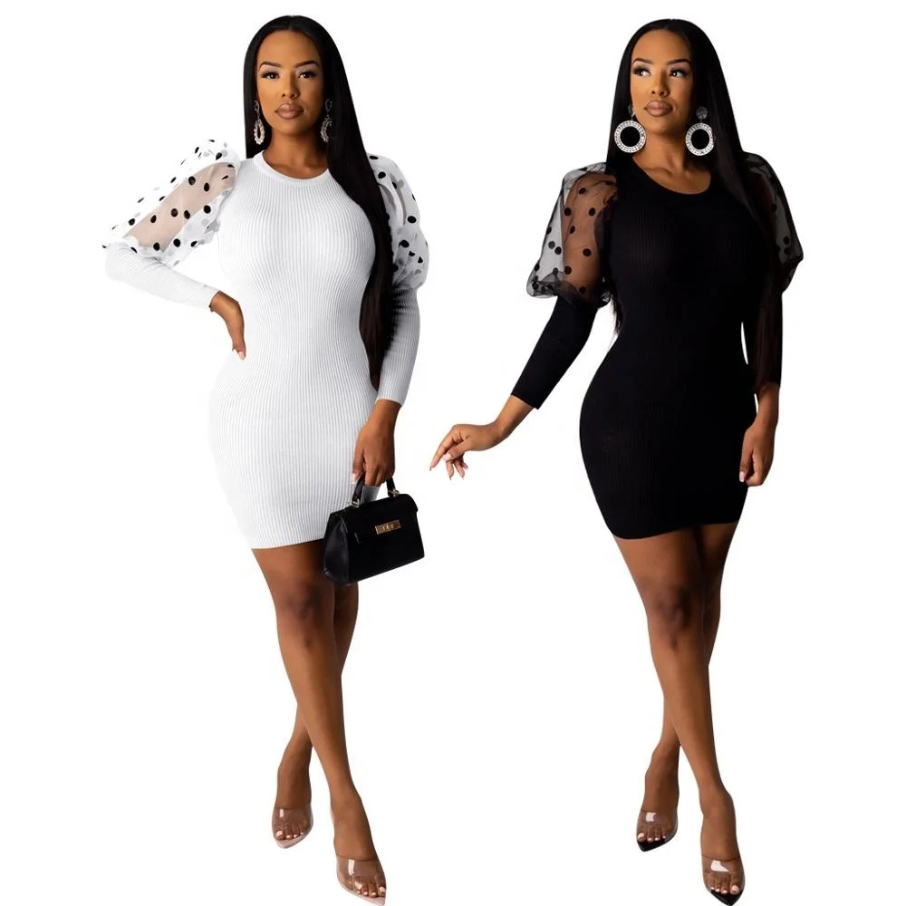 B51627A Autumn winter new bubble sleeve women fashion patchwork rib dress, Black/white
B51627A Autumn winter new bubble sleeve women fashion patchwork rib dress, Black/white