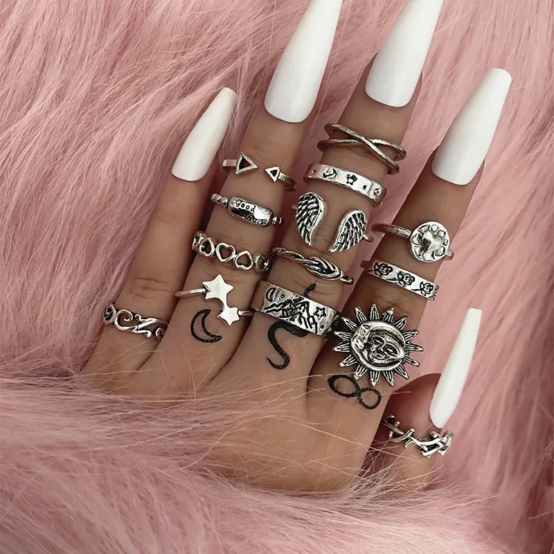 14 Pcs/Set Classic Sun Moon Wing Open Ring Good Luck Hollow Heart Shaped Mountain View Design Ring Set Retro Jewelry, Silver
14 Pcs/Set Classic Sun Moon Wing Open Ring Good Luck Hollow Heart Shaped Mountain View Design Ring Set Retro Jewelry, Silver