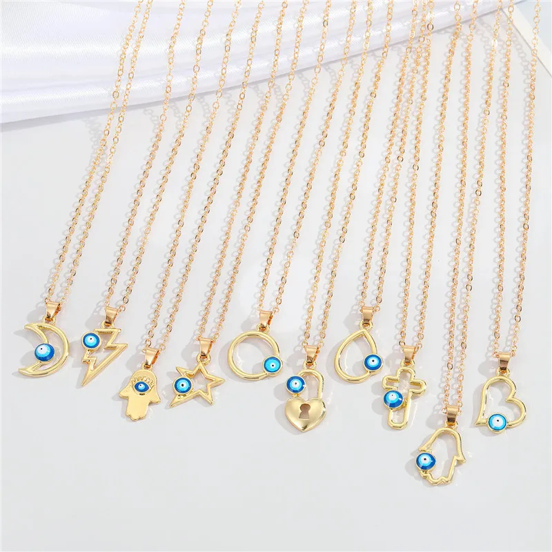 Wholesale Boho Ethnic Blue Evil Eyes Necklace Women 18K Gold Plated Bohemian Moon Star Hand Cross Pendant Necklace
Wholesale Boho Ethnic Blue Evil Eyes Necklace Women 18K Gold Plated Bohemian Moon Star Hand Cross Pendant Necklace