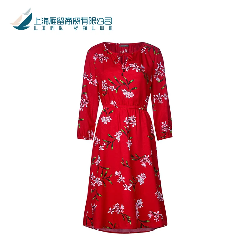 Chino estilos rojo floral impresión Vestido de manga larga con cordones escote diseño