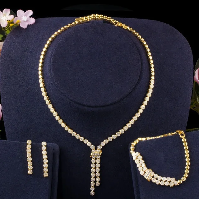 New arrival 3pcs CZ Tassel pendant necklace dangle drop earrings bracelet bridal African wedding jewelry set Dubai gold sets, Customized color
New arrival 3pcs CZ Tassel pendant necklace dangle drop earrings bracelet bridal African wedding jewelry set Dubai gold sets, Customized color