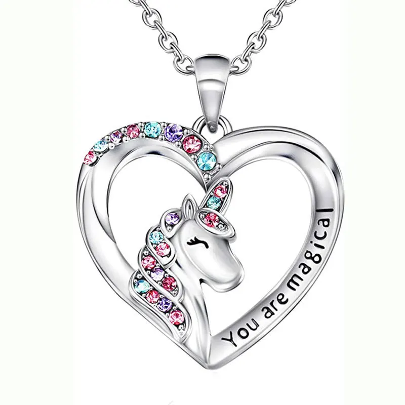 Wholesale Silver Plated Heart Shaped Unicorn Necklace Baby Girls Cute Rhinestones Zircon Unicorn Heart Necklaces For Kids
Wholesale Silver Plated Heart Shaped Unicorn Necklace Baby Girls Cute Rhinestones Zircon Unicorn Heart Necklaces For Kids