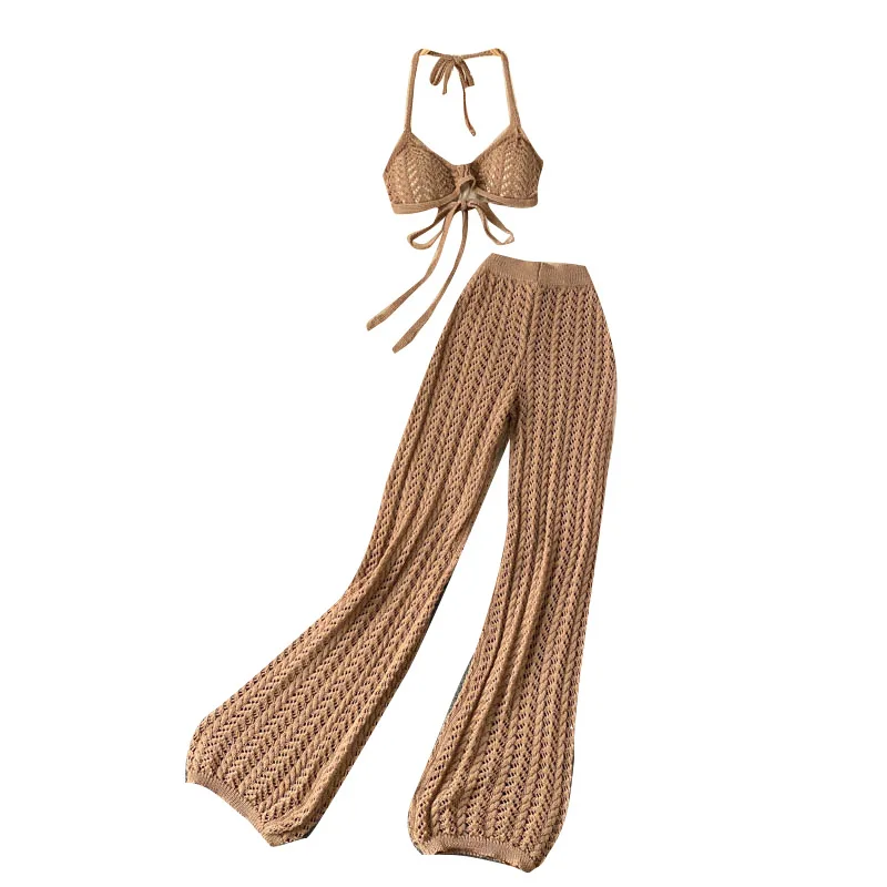 Women Summer Design Knitted Set Sexy Backless Halter Short Tops+Chic Hollow Knitted Wide Leg Long Pants Two Piece Suit Women Set
Women Summer Design Knitted Set Sexy Backless Halter Short Tops+Chic Hollow Knitted Wide Leg Long Pants Two Piece Suit Women Set