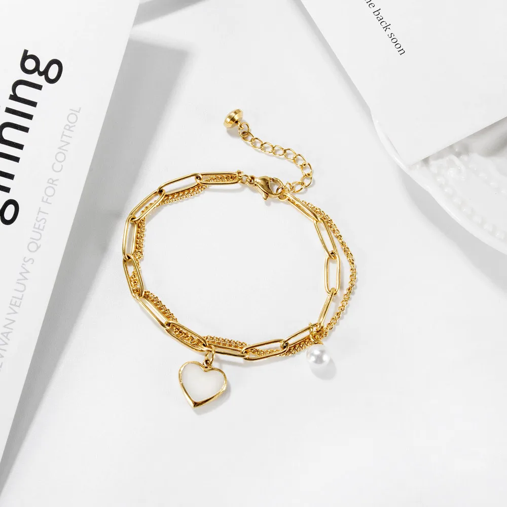 Women Trendy Rose Gold Plated Jewelry Stainless Steel Double Layer Chain Natural Pearl Love Heart Pendant Bracelet, Silver color, gold,rose gold, customized color
Women Trendy Rose Gold Plated Jewelry Stainless Steel Double Layer Chain Natural Pearl Love Heart Pendant Bracelet, Silver color, gold,rose gold, customized color