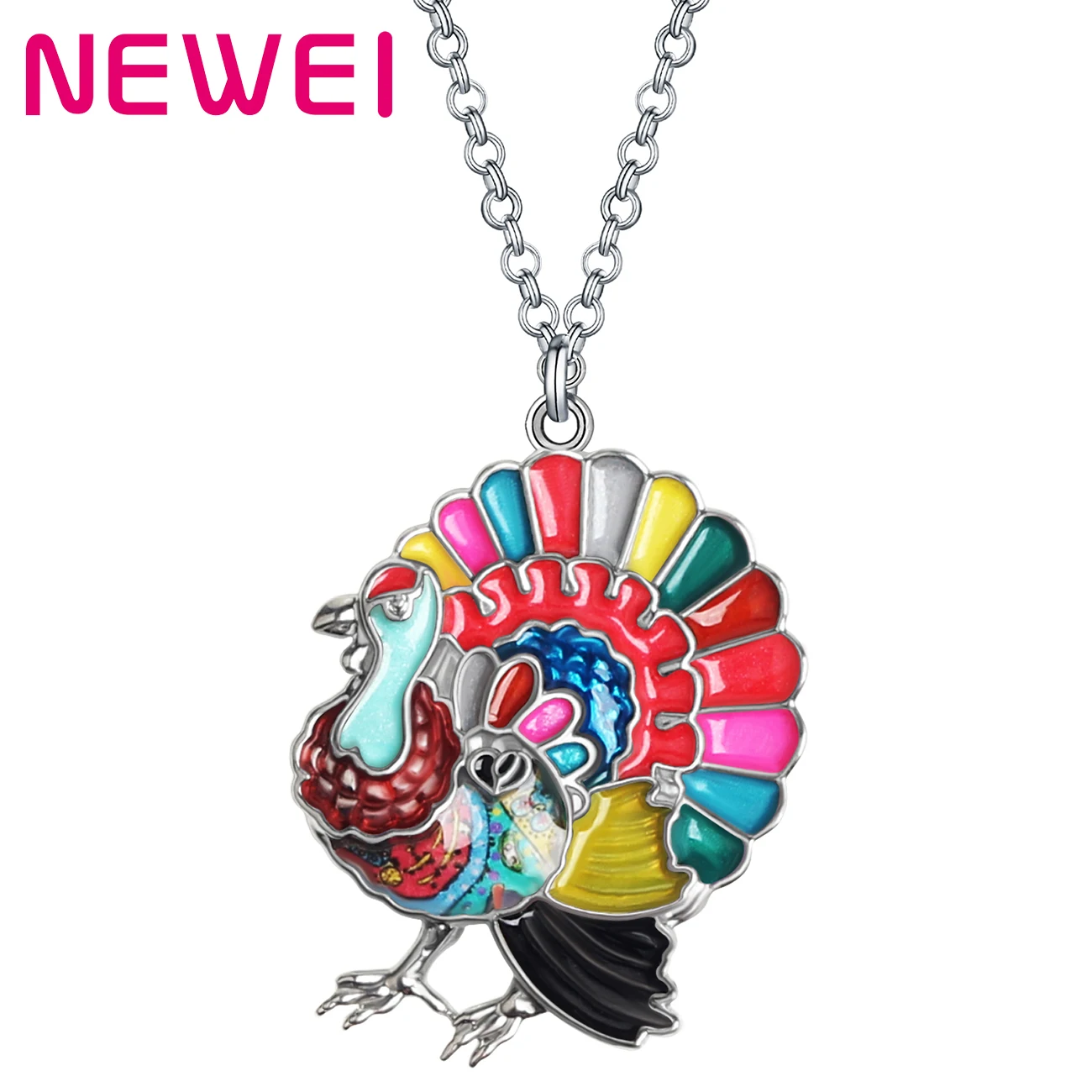

Thanksgiving Enamel Alloy Floral Sweet Turkey Chicken Necklace Pendant Chain Trendy Jewelry For Women Girls Teens Charms Gifts, Blue brown black multicolor yellow purple