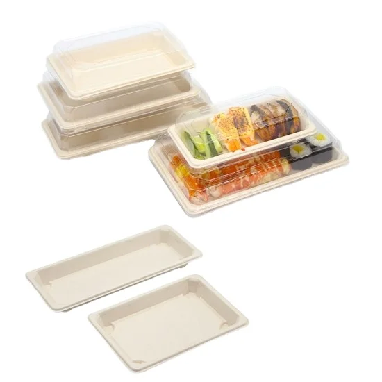 Disposable sugarcane bassage biodegradable sushi tray with lid take out food container, White / unbleached
Disposable sugarcane bassage biodegradable sushi tray with lid take out food container, White / unbleached