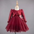 kids boutique clothing sets girls sleeveless satin party lace dress +long sleeve robe with bead & bow