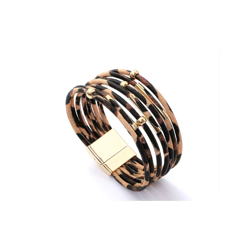 New Design Multilayer Brass Beaded Leather Bracelet Gold Leopard Magnetic Clasp PU Leather Wrap Bracelet
New Design Multilayer Brass Beaded Leather Bracelet Gold Leopard Magnetic Clasp PU Leather Wrap Bracelet
