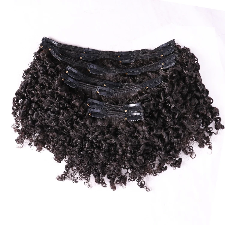 Natural Black 7 PCs 100 Raw Indian Temple Hair Afro Kinky Curly Human Hair Clip In Extensions