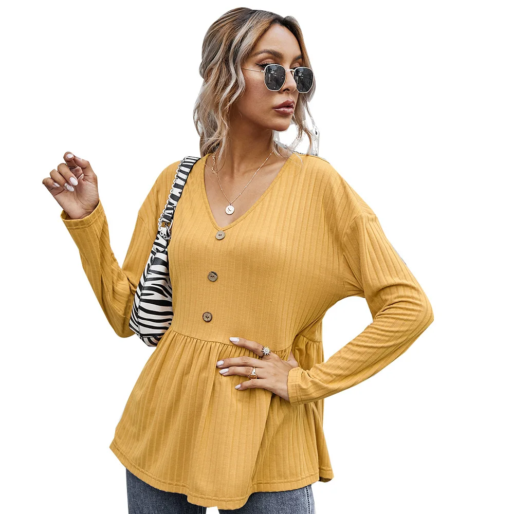 Women's autumn and winter women's tops V-neck simple loose long-sleeved tops V-neck solid color button tops
Women's autumn and winter women's tops V-neck simple loose long-sleeved tops V-neck solid color button tops