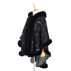 Rabbit Coat Fur Coat Best Selling Windproof Ladies Long Knit Big Faux Rabbit Fur Trim Hooded Poncho Winter Coat