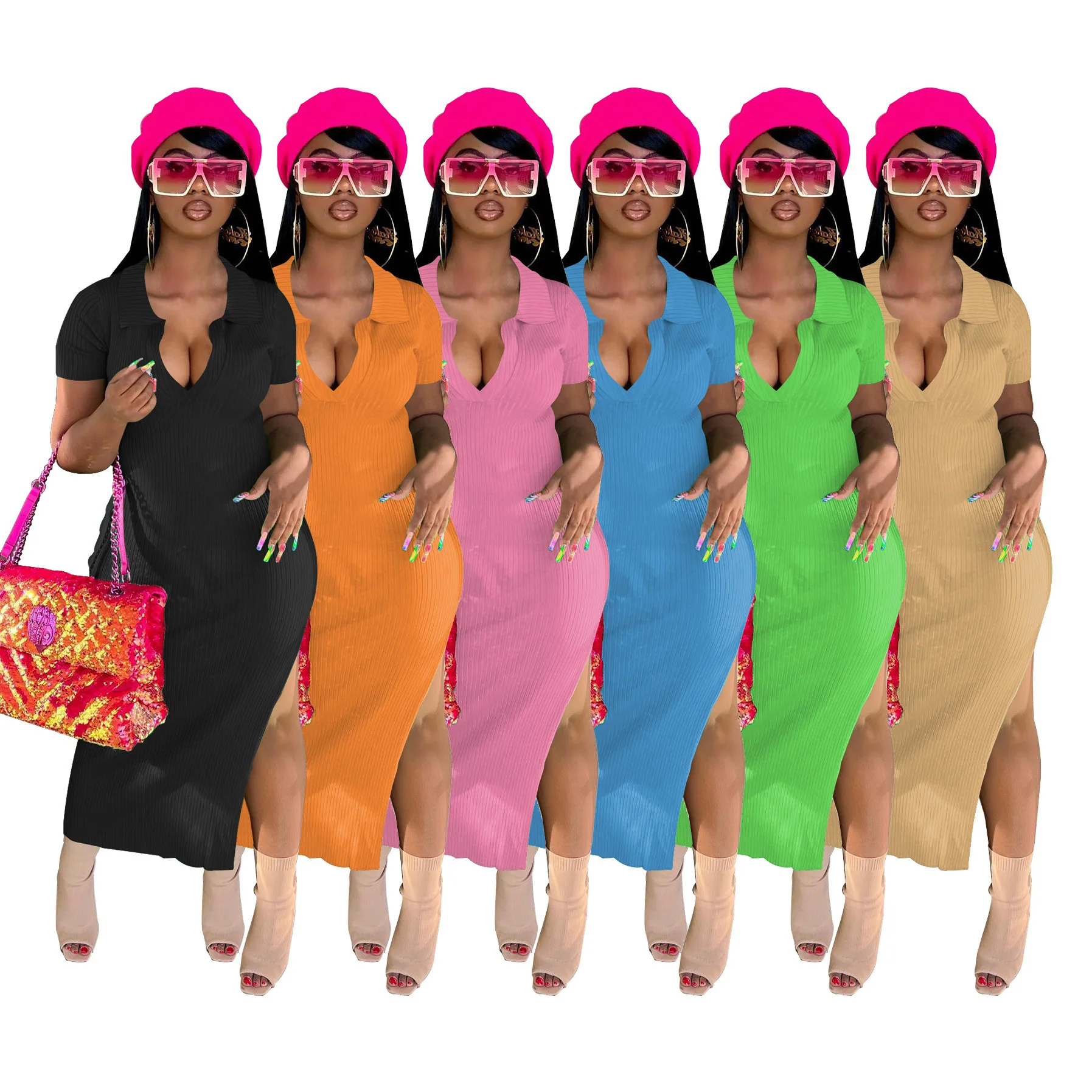 Womens Summer Casual Polo Neck Short Sleeve Lace Up Long Dress Women Knit Solid Color Split Bodycon Maxi Dress
Womens Summer Casual Polo Neck Short Sleeve Lace Up Long Dress Women Knit Solid Color Split Bodycon Maxi Dress