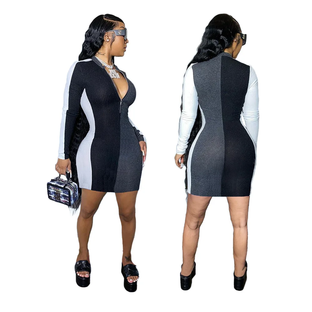 Newest Design Casual Fashion Zipper V Neck Patchwork Color Women Girls' Sexy Clothes Lady Elegant Dress, Black gray
Newest Design Casual Fashion Zipper V Neck Patchwork Color Women Girls' Sexy Clothes Lady Elegant Dress, Black gray