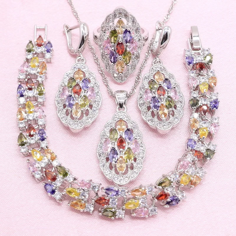 Multicolor Stones Silver Color Jewelry Sets For Women Charms Necklace Pendant Bracelets Earrings Rings Christmas Gift
Multicolor Stones Silver Color Jewelry Sets For Women Charms Necklace Pendant Bracelets Earrings Rings Christmas Gift